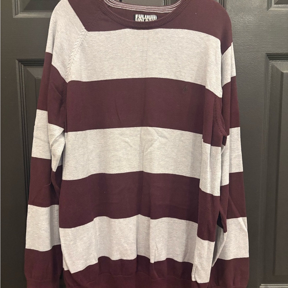 Volcom Men's Crewneck Sweater - Burgundy and Gray Stripes